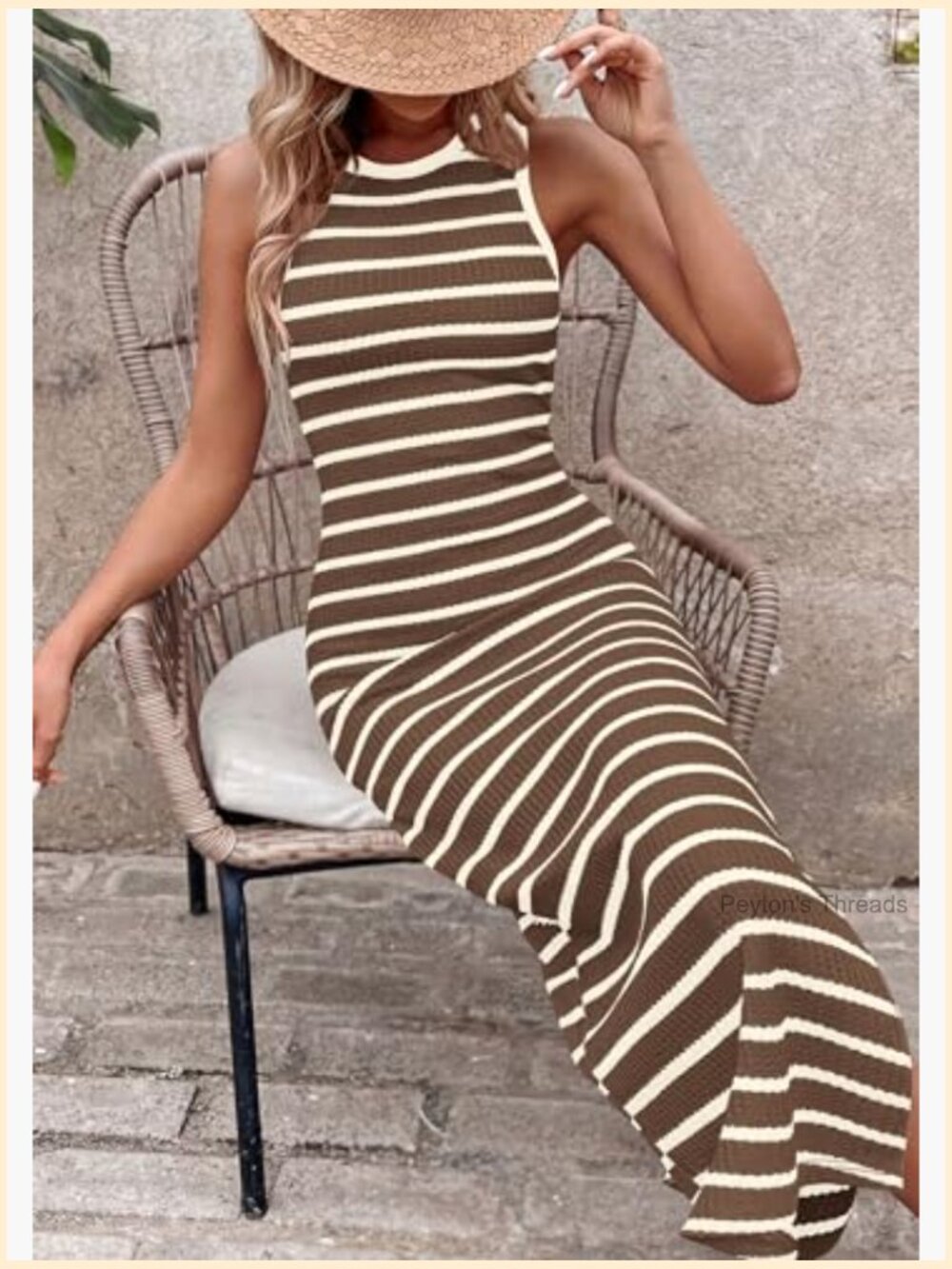 Striped Knit Bodycon Maxi Dress with Side Slit Summer Beach Vacation - Picture 6 of 7